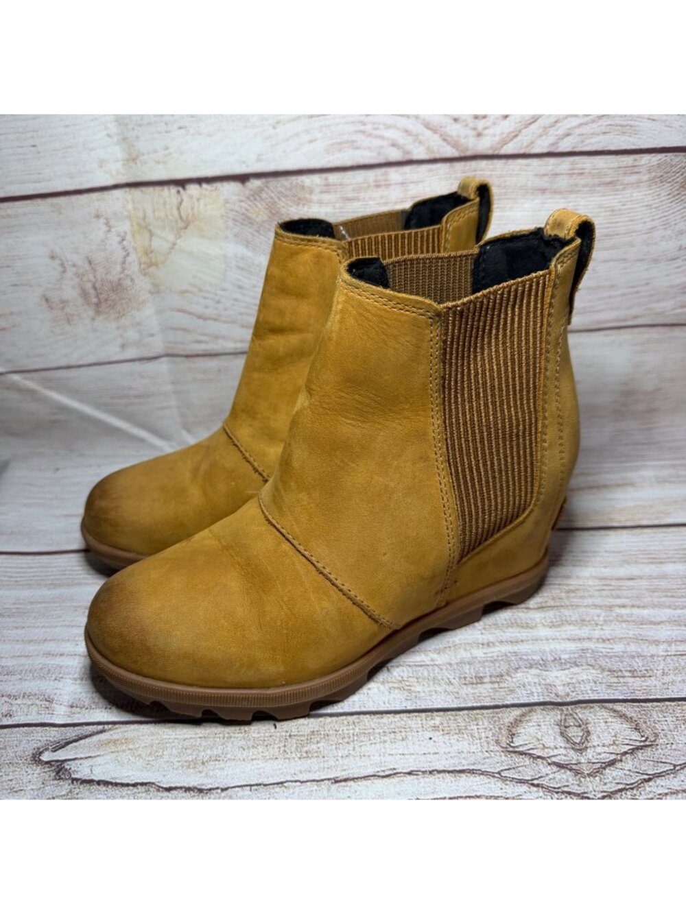 Sorel Joan of Arctic Wedge ll Camel Tan/Brown Chelsea Leather Boots Womens 6.5M